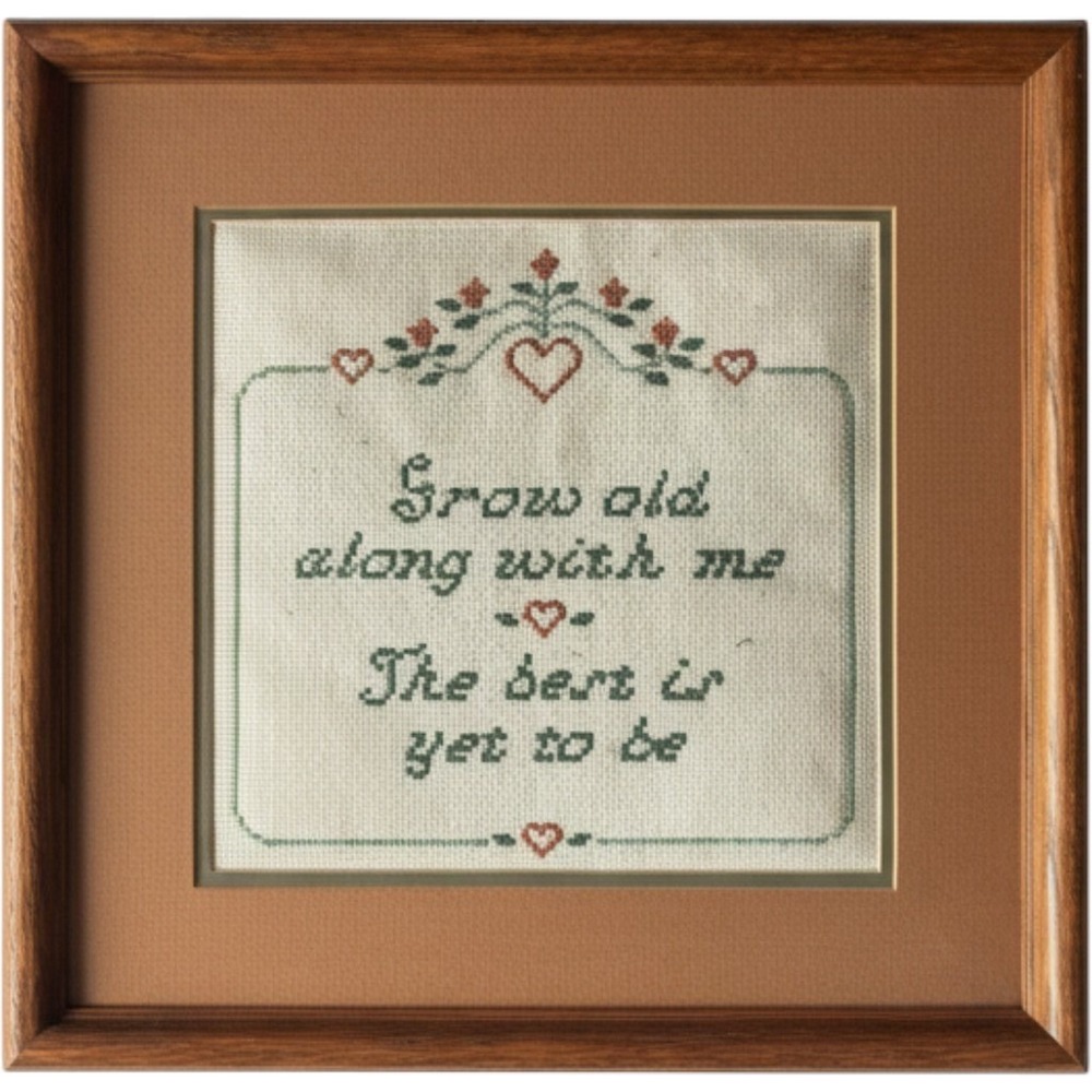 Vintage Framed Cross Stitch Grow Old Along With Me Quote Wood Frame 12x12 gift